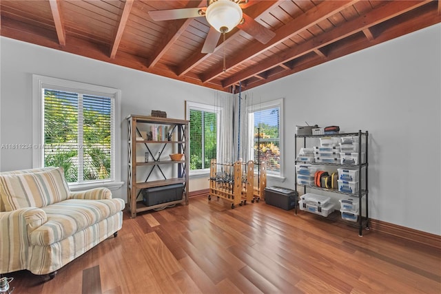 25000 SW 197th Ave, Homestead, FL 33031 - living area featuring wood ceiling with exposed beams, wood finished floors, baseboards, and a ceiling fan