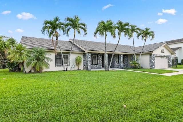 20141 NW 8th St, Pembroke Pines, FL 33029 - ranch-style house with stucco siding, an attached garage, a front yard, and stone siding