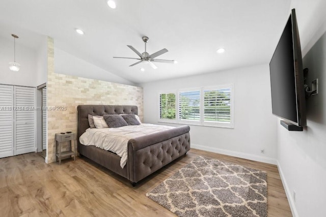 20141 NW 8th St, Pembroke Pines, FL 33029 - bedroom with vaulted ceiling, light wood-type flooring, baseboards, recessed lighting, and a ceiling fan