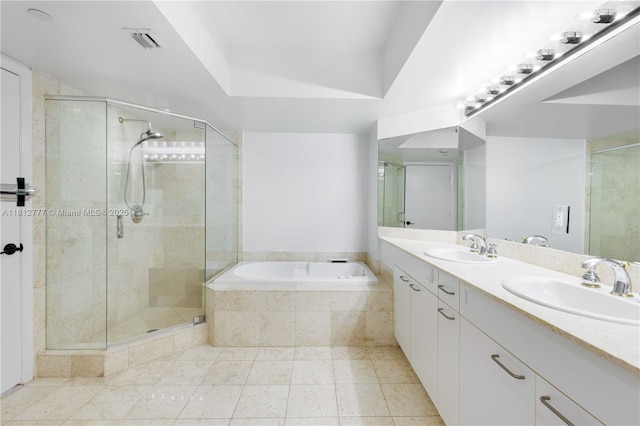 21055 Yacht Club Dr Unit 2104, Aventura, FL 33180 - bathroom featuring a bath, a shower stall, double vanity, and tile patterned floors