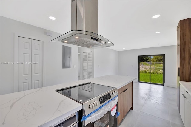 2411 NW 153rd St, Miami Gardens, FL 33054 - kitchen with island exhaust hood, stainless steel range with electric cooktop, modern cabinets, electric panel, and recessed lighting
