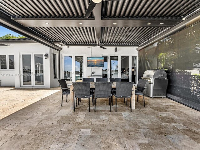 13381 SW 151st Ter, Miami, FL 33186 - view of patio / terrace with grilling area, french doors, ceiling fan, and outdoor dining area