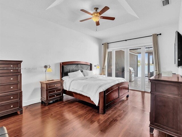 13381 SW 151st Ter, Miami, FL 33186 - bedroom with dark wood-style floors, access to outside, french doors, and a ceiling fan