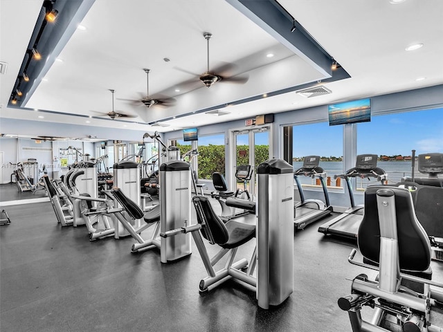 13381 SW 151st Ter, Miami, FL 33186 - exercise room featuring a ceiling fan and recessed lighting