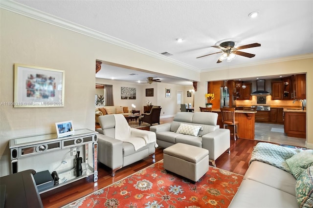 991 Dove Ave, Miami Springs, FL 33166 - living area featuring ceiling fan, ornamental molding, wood finished floors, and recessed lighting