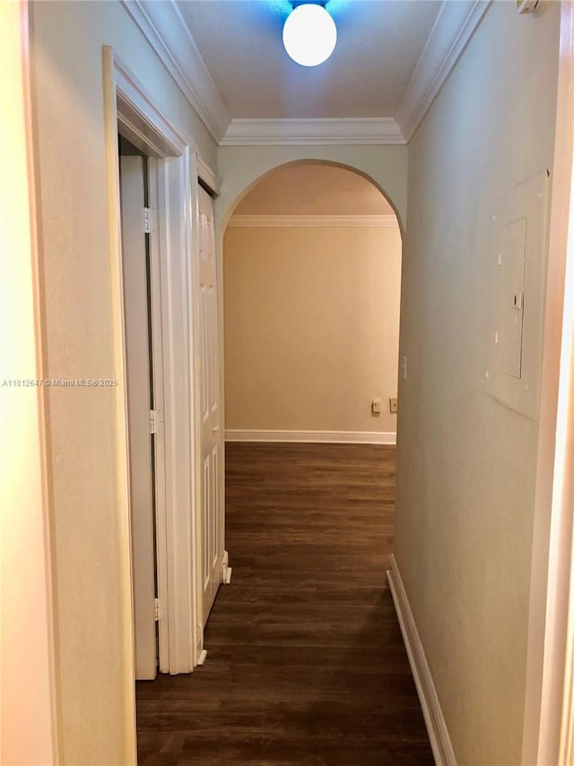 17255 SW 95th Ave Unit D-349, Palmetto Bay, FL 33157 - hall featuring arched walkways, dark wood-type flooring, electric panel, baseboards, and crown molding