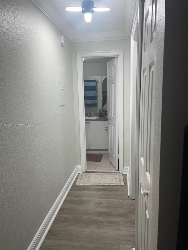 17255 SW 95th Ave Unit D-349, Palmetto Bay, FL 33157 - hall with wood finished floors, a textured wall, and ornamental molding