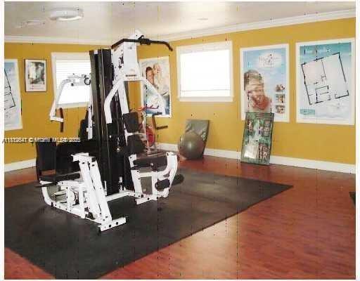 17255 SW 95th Ave Unit D-349, Palmetto Bay, FL 33157 - workout room with ornamental molding and wood finished floors