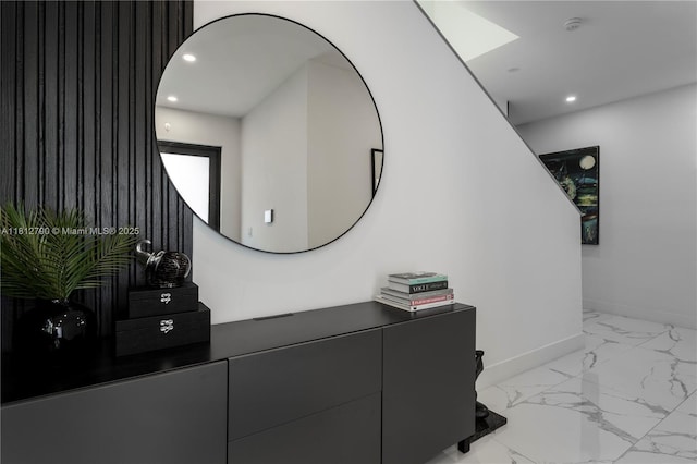2320 SW 14th St, Miami, FL 33145 - bathroom with marble finish floors, recessed lighting, vanity, and a skylight