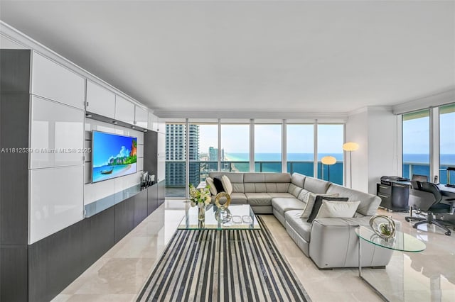 1830 S Ocean Dr Unit 3801, Hallandale Beach, FL 33009 - living room featuring floor to ceiling windows and crown molding