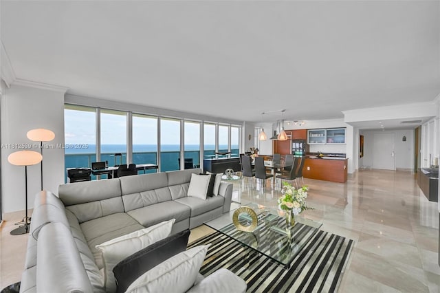 1830 S Ocean Dr Unit 3801, Hallandale Beach, FL 33009 - living area featuring ornamental molding, light marble finish flooring, and a water view