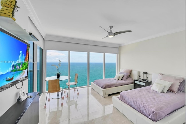 1830 S Ocean Dr Unit 3801, Hallandale Beach, FL 33009 - bedroom featuring crown molding, a water view, tile patterned flooring, and a ceiling fan