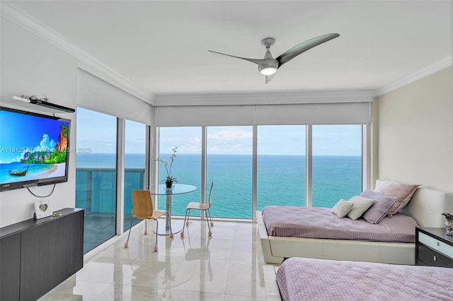 1830 S Ocean Dr Unit 3801, Hallandale Beach, FL 33009 - tiled bedroom featuring ornamental molding, multiple windows, and a ceiling fan