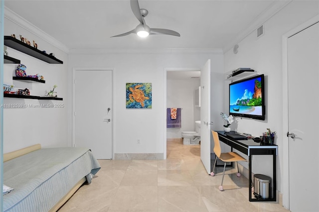 1830 S Ocean Dr Unit 3801, Hallandale Beach, FL 33009 - bedroom with ornamental molding, a ceiling fan, and connected bathroom