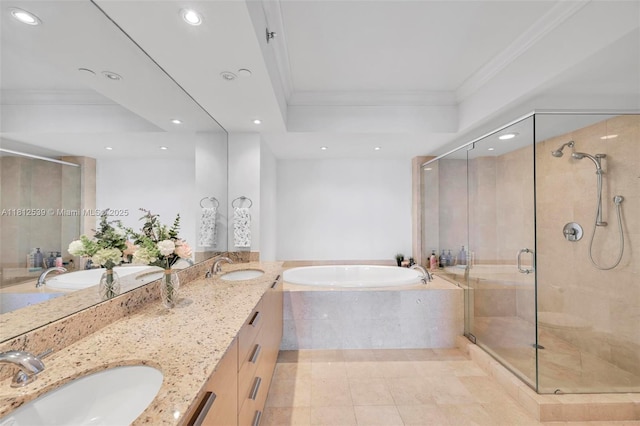 1830 S Ocean Dr Unit 3801, Hallandale Beach, FL 33009 - full bath featuring crown molding, a bath, double vanity, a stall shower, and recessed lighting