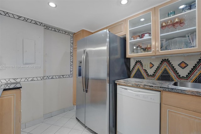 4000 Towerside Ter Unit 1403, Miami, FL 33138 - kitchen featuring dishwasher, stainless steel fridge, light brown cabinetry, recessed lighting, and glass insert cabinets