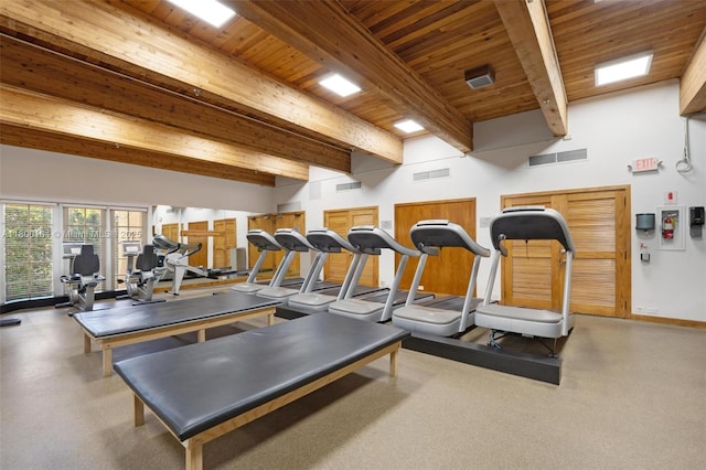 4000 Towerside Ter Unit 1403, Miami, FL 33138 - gym with wood ceiling with exposed beams and baseboards