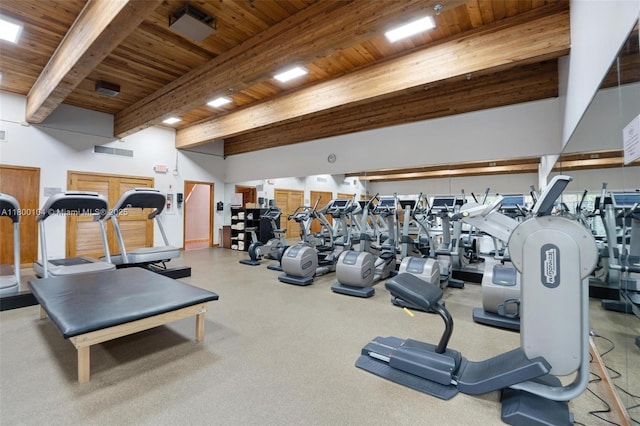 4000 Towerside Ter Unit 1403, Miami, FL 33138 - gym with wooden ceiling with exposed beams and carpet floors