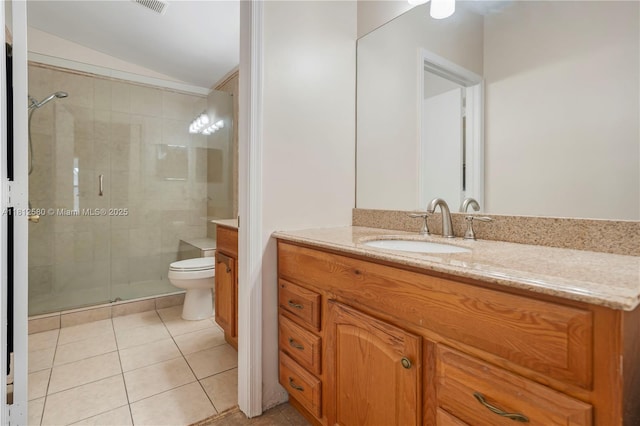 17368 SW 22nd Ct, Miramar, FL 33029 - full bathroom with vanity, tile patterned floors, a shower stall, toilet, and lofted ceiling