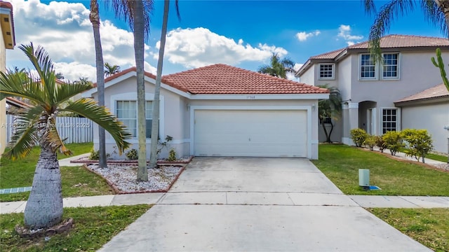 17368 SW 22nd Ct, Miramar, FL 33029 - mediterranean / spanish-style home with stucco siding, a tiled roof, a garage, and a front lawn