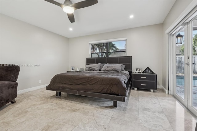 15050 E Falcons Lea Dr, Davie, FL 33331 - bedroom featuring access to outside, multiple windows, baseboards, ceiling fan, and recessed lighting