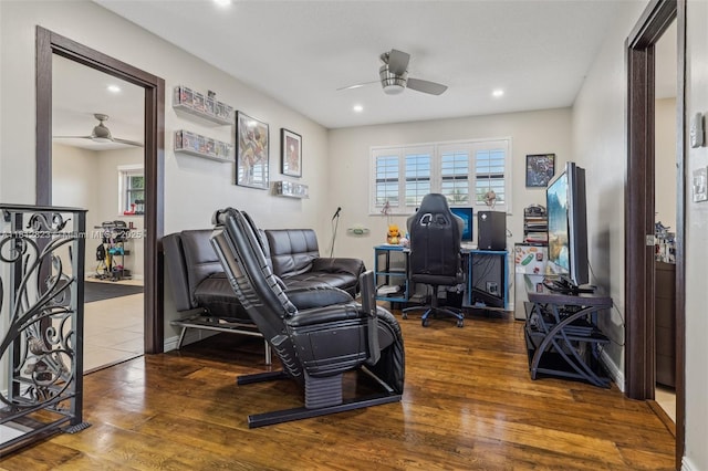 15050 E Falcons Lea Dr, Davie, FL 33331 - office area featuring ceiling fan, wood finished floors, and recessed lighting