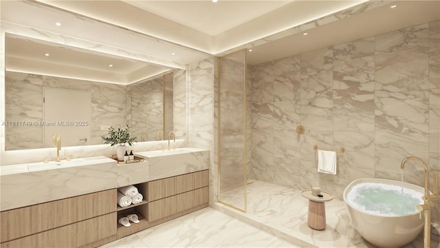 7918 W Dr Unit 704, North Bay Village, FL 33141 - full bathroom with marble tiled flooring, tile walls, double vanity, a freestanding tub, and a walk in shower