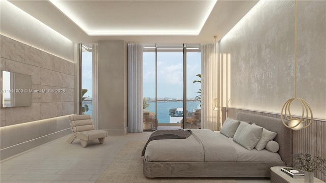 7918 W Dr Unit Ph-2002, North Bay Village, FL 33141 - bedroom with a tray ceiling, a water view, and a wall of windows