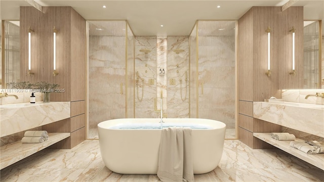 7918 W Dr Unit Ph-2002, North Bay Village, FL 33141 - bathroom featuring a freestanding tub, vanity, marble tiled flooring, and tile walls