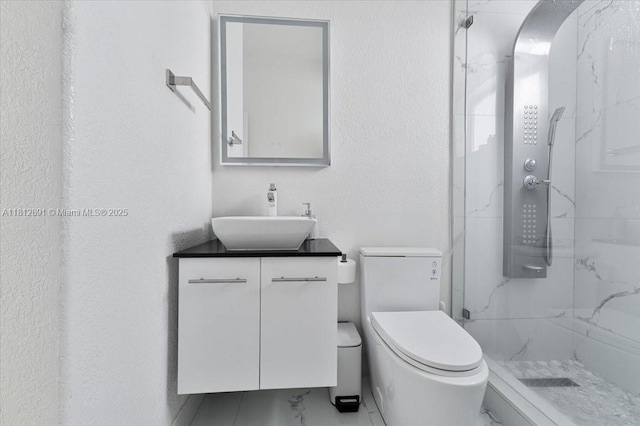 8902 NW 148th St, Miami Lakes, FL 33018 - bathroom featuring vanity, a marble finish shower, toilet, and marble look tiles