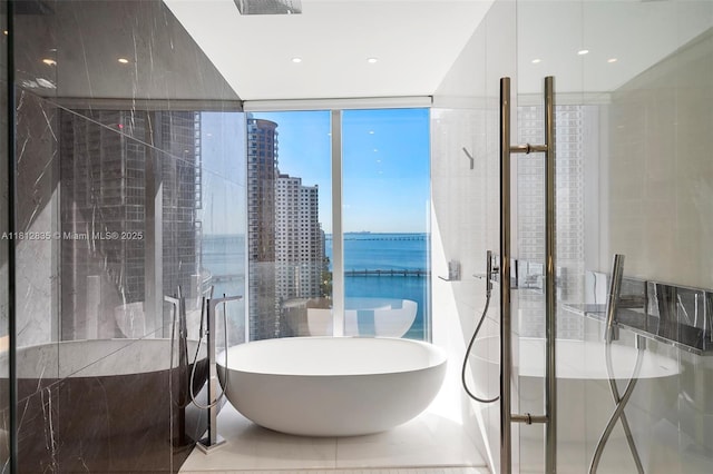300 Biscayne Boulevard Way Unit 1904C, Miami, FL 33131 - full bath with a shower with door, a freestanding tub, and a water view
