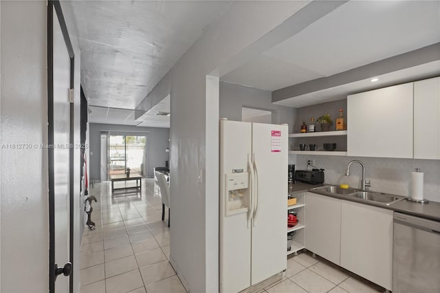 8022 SW 151st Ct Unit 603, Miami, FL 33193 - kitchen with dishwasher, white refrigerator with ice dispenser, a sink, open shelves, and white cabinetry