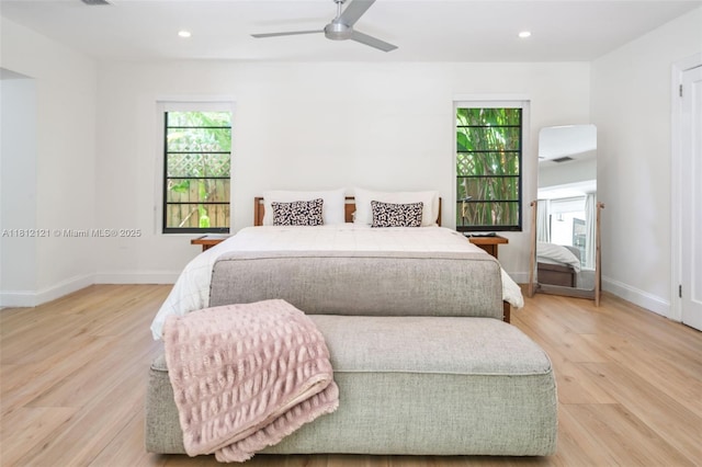 621 NE 55th St, Miami, FL 33137 - bedroom featuring light wood-type flooring, recessed lighting, baseboards, and a ceiling fan