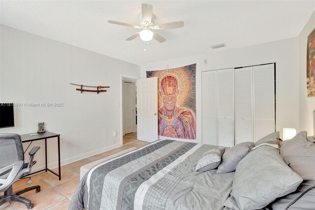 9972 SW 88th St Unit 1128, Miami, FL 33176 - bedroom featuring light tile patterned flooring, a closet, ceiling fan, and baseboards