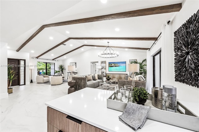 4029 NW 72nd Ave, Coral Springs, FL 33065 - kitchen featuring recessed lighting, open floor plan, a chandelier, marble finish flooring, and hanging light fixtures