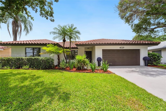 4029 NW 72nd Ave, Coral Springs, FL 33065 - mediterranean / spanish house featuring a garage, a front lawn, stucco siding, and concrete driveway