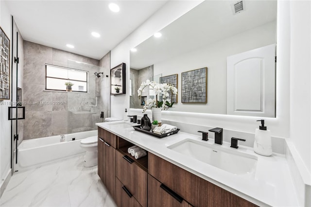 4029 NW 72nd Ave, Coral Springs, FL 33065 - bathroom featuring shower / washtub combination, double vanity, recessed lighting, and marble finish floors