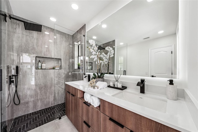 4029 NW 72nd Ave, Coral Springs, FL 33065 - bathroom featuring a walk in shower, double vanity, recessed lighting, and tile patterned floors