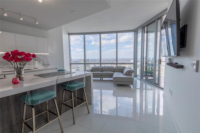 851 NE 1st Ave Unit 4410, Miami, FL 33132 - kitchen featuring a wall of windows, a kitchen bar, white cabinets, modern cabinets, and rail lighting