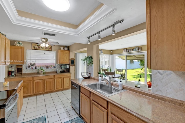 5714 NW 66th Ter, Tamarac, FL 33321 - kitchen with a sink, dishwasher, backsplash, a ceiling fan, and light tile patterned flooring
