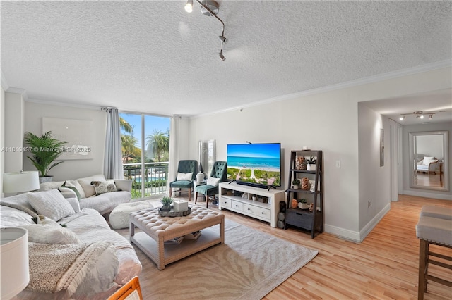 3000 Coral Way Unit 510, Miami, FL 33145 - living room with rail lighting, ornamental molding, light wood-type flooring, a textured ceiling, and baseboards