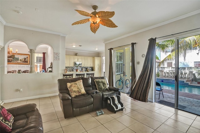 17951 NW 91st Ct, Miami, FL 33018 - living area featuring a ceiling fan, light tile patterned flooring, ornamental molding, baseboards, and ornate columns