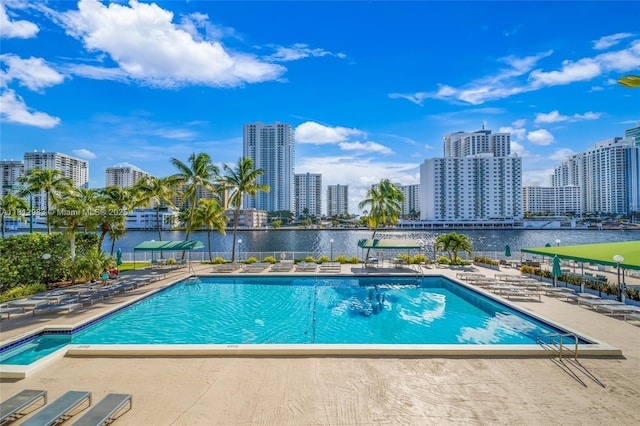 800 Parkview Dr Unit 729, Hallandale Beach, FL 33009 - community pool with a patio, a water view, and a view of city