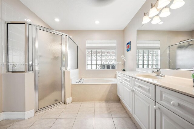6459 Ungerer St, Jupiter, FL 33458 - bathroom featuring vanity, a bath, a stall shower, tile patterned floors, and a chandelier