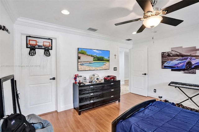 5963 NW 75th Way, Parkland, FL 33067 - bedroom featuring light wood-style flooring, ornamental molding, baseboards, ceiling fan, and recessed lighting