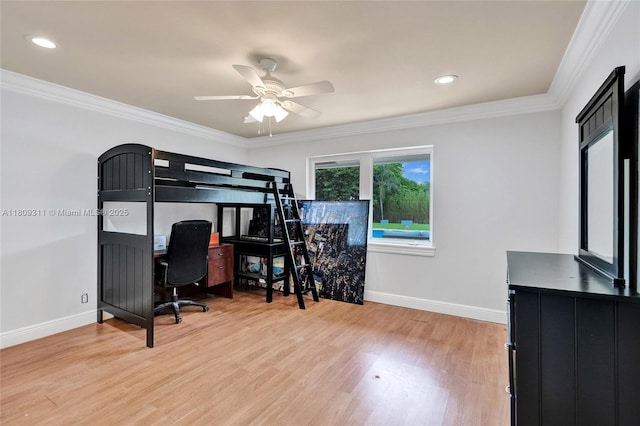 5963 NW 75th Way, Parkland, FL 33067 - bedroom with light wood-style flooring, baseboards, ornamental molding, a desk, and recessed lighting
