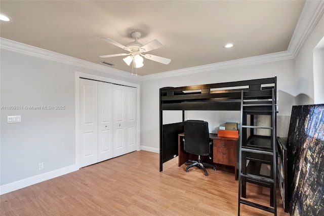 5963 NW 75th Way, Parkland, FL 33067 - office space with a ceiling fan, wood finished floors, crown molding, baseboards, and recessed lighting