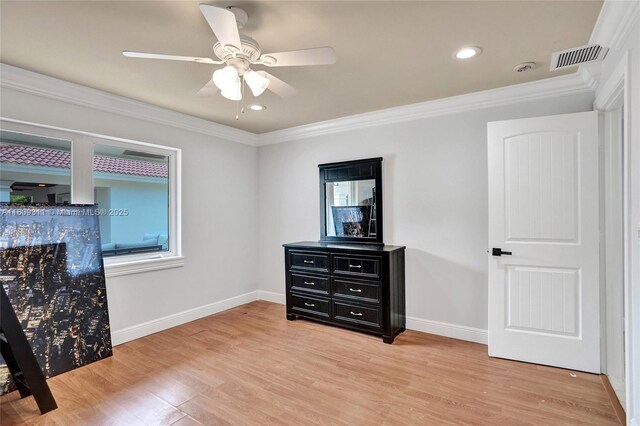 5963 NW 75th Way, Parkland, FL 33067 - bedroom with light wood-style floors, crown molding, baseboards, recessed lighting, and a ceiling fan