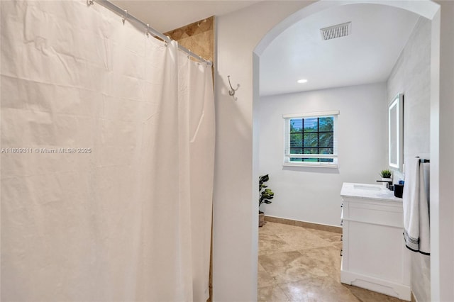 5963 NW 75th Way, Parkland, FL 33067 - bathroom featuring vanity, a shower with shower curtain, recessed lighting, and tile patterned flooring