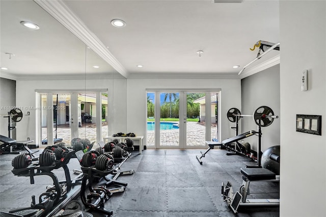 5963 NW 75th Way, Parkland, FL 33067 - workout area featuring french doors, recessed lighting, ornamental molding, and baseboards
